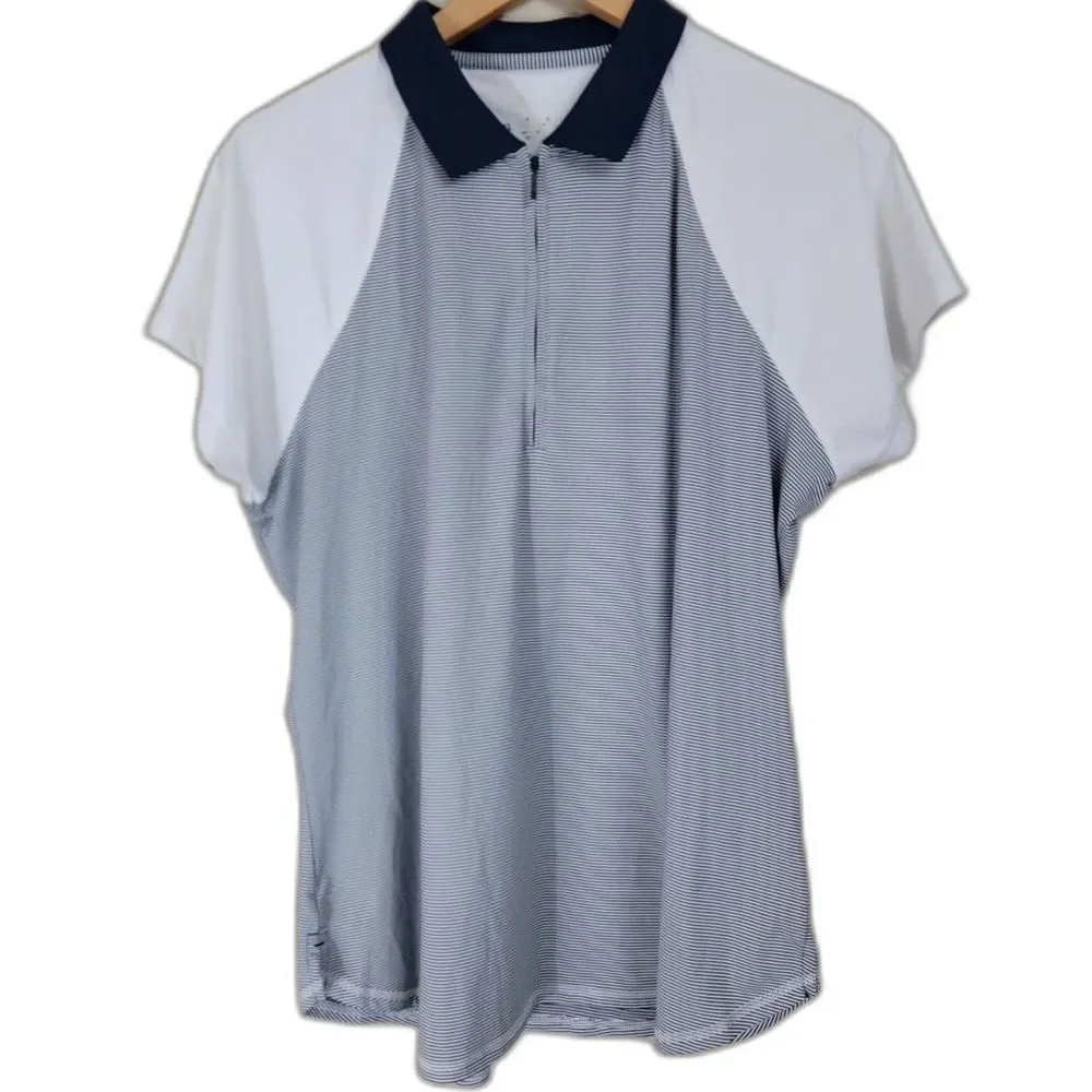 Navy Blue & White UPF Sun Protection PETER MILLAR Short Sleeve Zip Polo Shirt